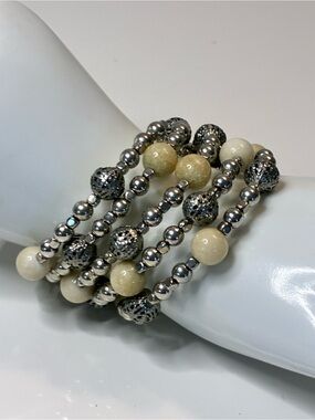 Elegant Cream Natural Stone Beaded Wrap Bracelet with Silver Accents